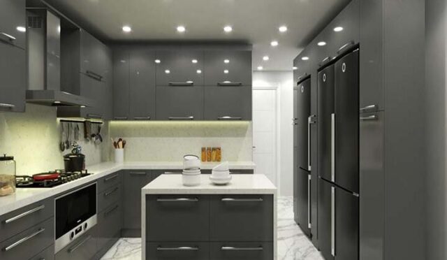 parlak gri mutfak dolabı